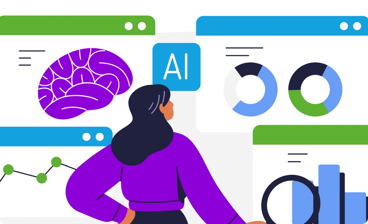 Illustration of a woman viewing dashboards with a brain graphic, charts, and AI icon on a private AI platform