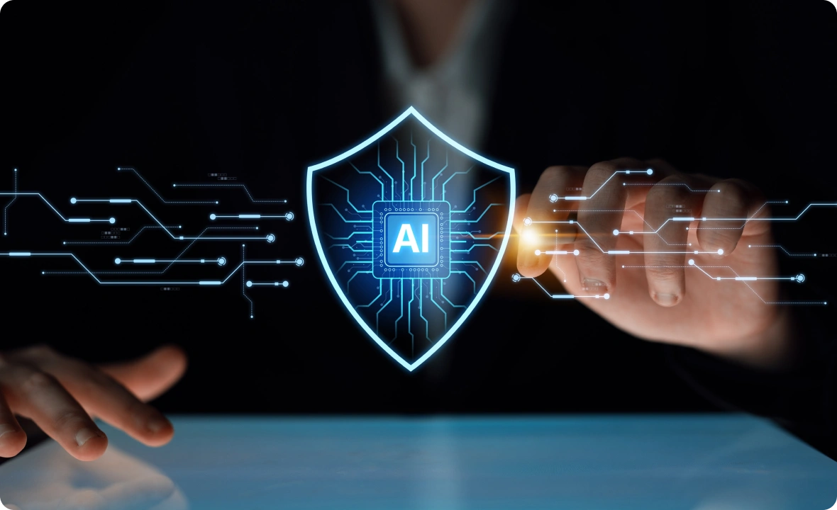 Hands interacting with a glowing AI chip inside a shield, representing a secure private AI platform