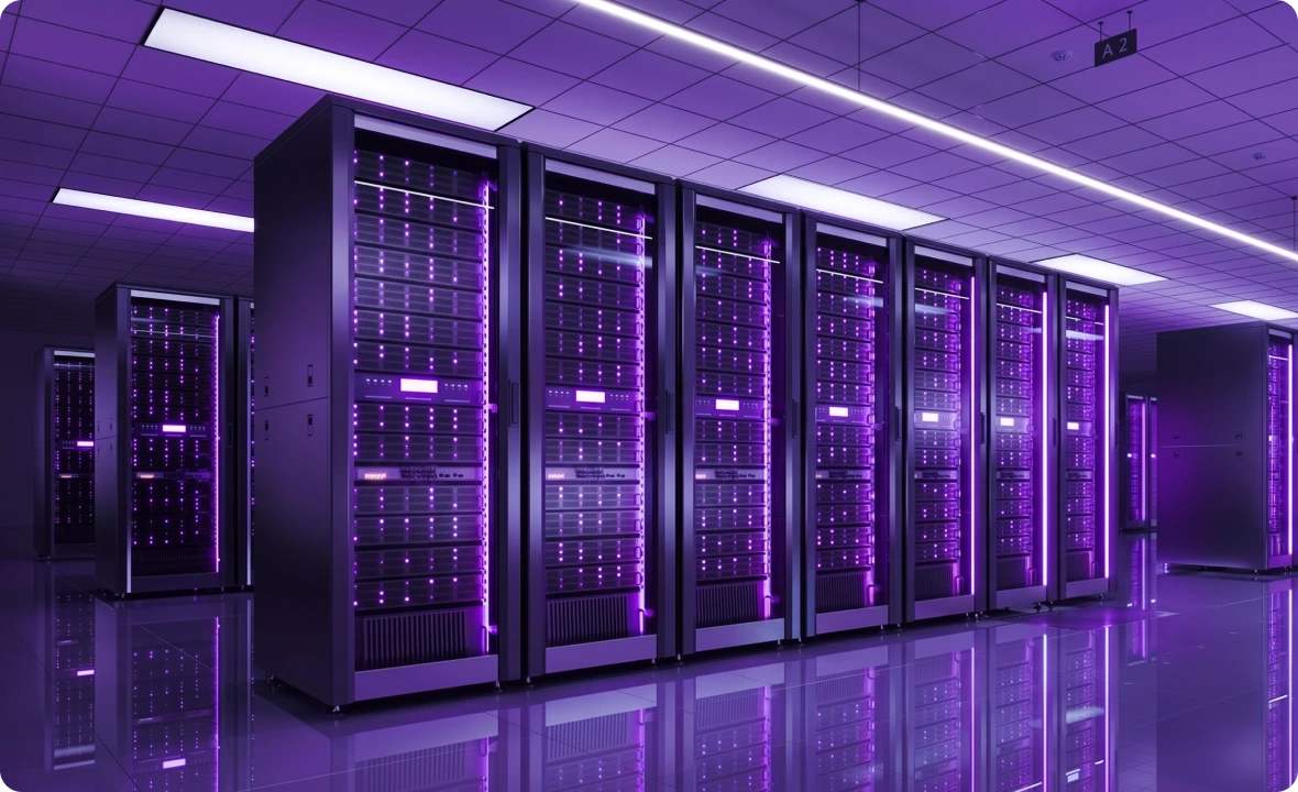 Rows of purple-lit server racks in a secure data centre supporting air gapped AI infrastructure