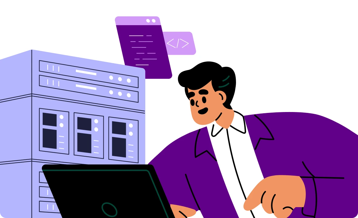 Illustration of a developer working on a laptop beside a server rack, managing air gapped AI code and infrastructure