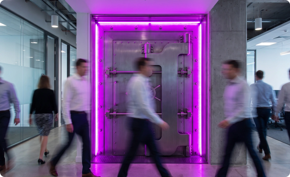 Employees walking past a purple-lit steel vault door in a modern office, symbolizing AI data sovereignty
