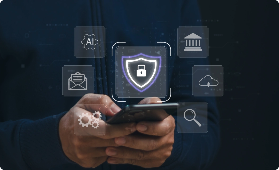 Hands holding a phone with a glowing lock shield and AI, cloud, and gear icons, representing private AI security