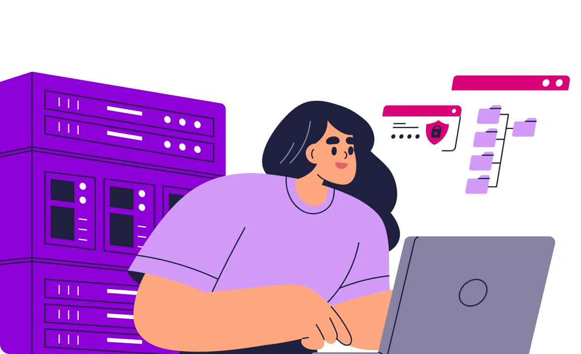 Illustration of a woman at a laptop beside a server rack, managing secure files in a self-hosted AI environment